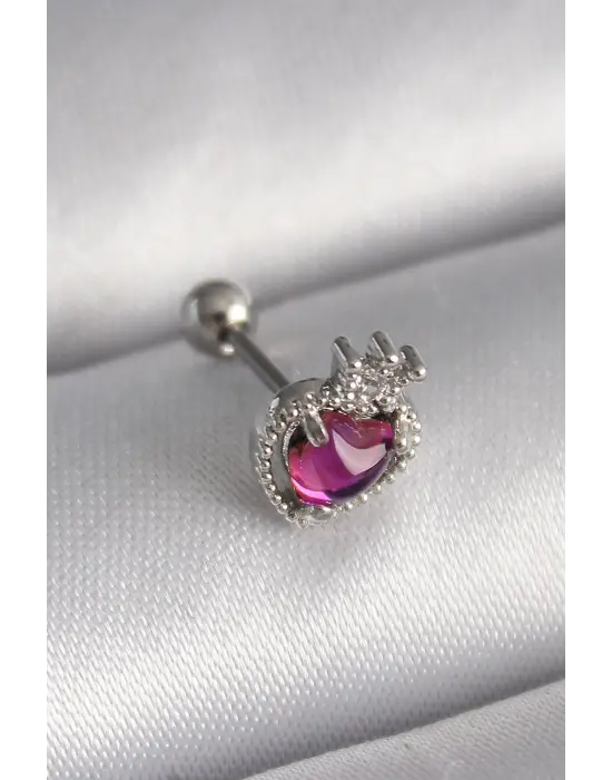 316L Çelik Gümüş Renk Pembe Mineli Kalp Zirkon Taş Detaylı Taç Tragus Piercing