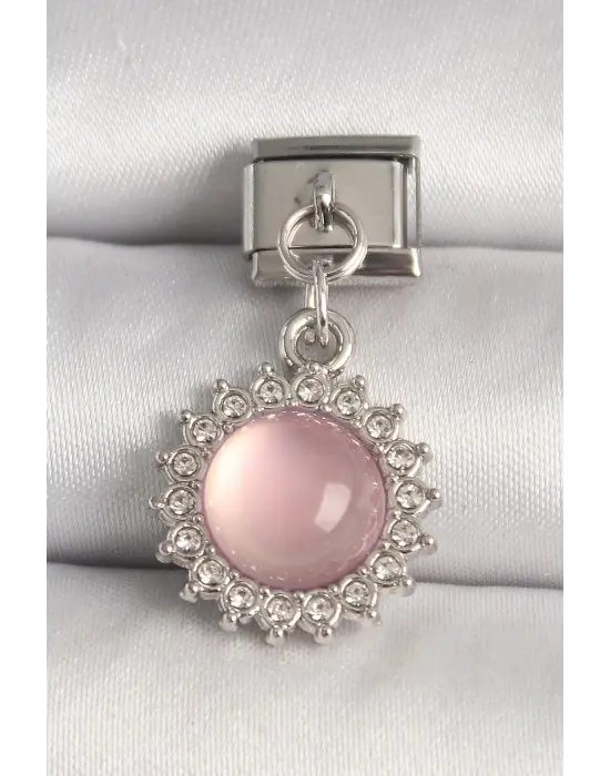 316L Çelik Gümüş Renk Pembe Mineli Zirkon Taşlı Güneş Model Nomination Charm