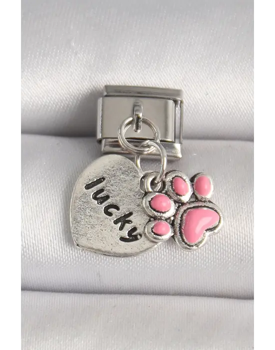 316L Çelik Gümüş Renk Pembe Pati lucky İşlemeli Kalp Model Nomination Charm