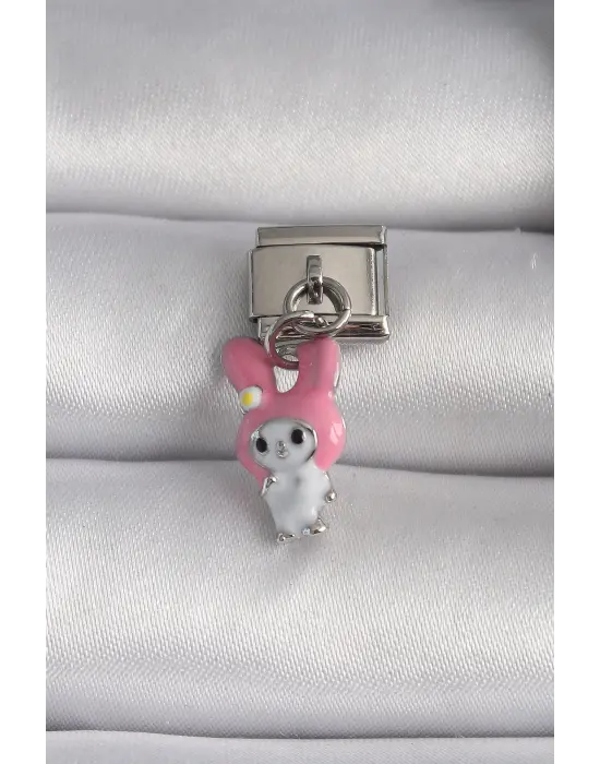 316L Çelik Gümüş Renk Pembe Şapkalı Tavşan Model Nomination Charm