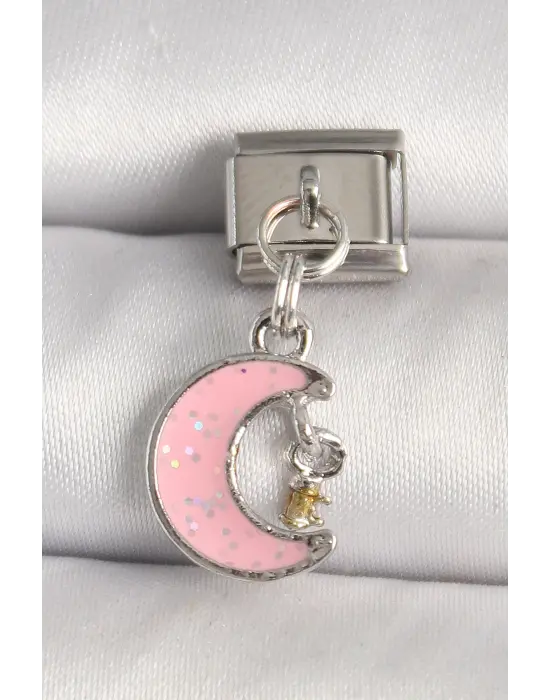 316L Çelik Gümüş Renk Pembe Simli Hilal Model Sallantı Detay Nomination Charm