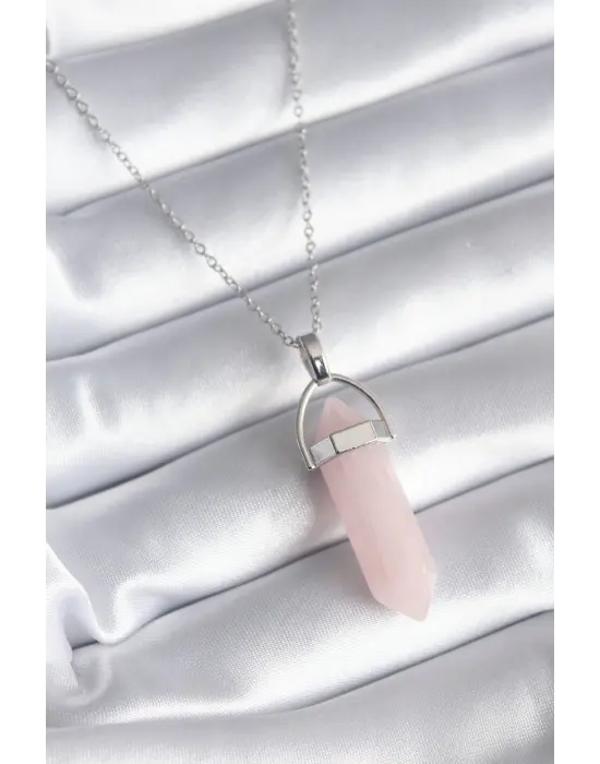  Gümüş  Pembe Taşlı  Çelik Kolye