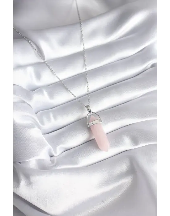  Gümüş  Pembe Taşlı  Çelik Kolye