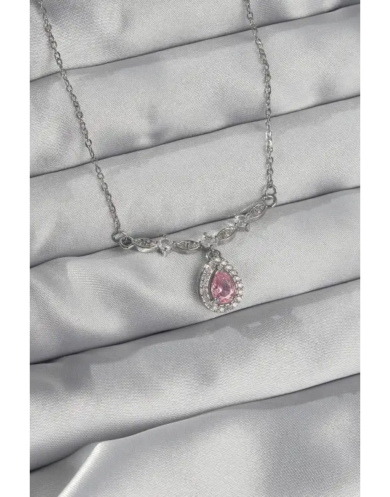 Gümüş Pembe Zirkon Taşlı Damla Çelik Kolye