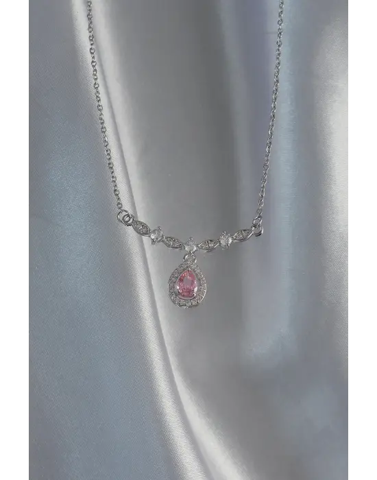 Gümüş Pembe Zirkon Taşlı Damla Çelik Kolye