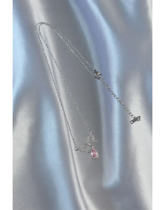 Gümüş Pembe Zirkon Taşlı Damla Çelik Kolye