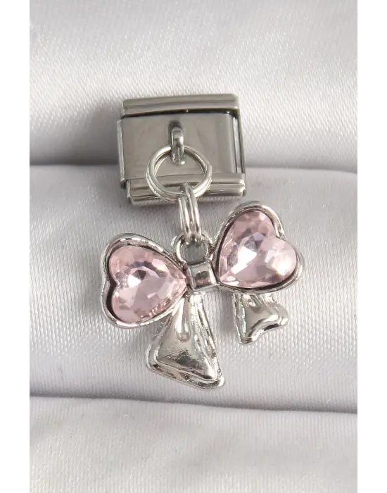 316L Çelik Gümüş Renk Pembe Zirkon Taşlı Fiyonk Model Nomination Charm