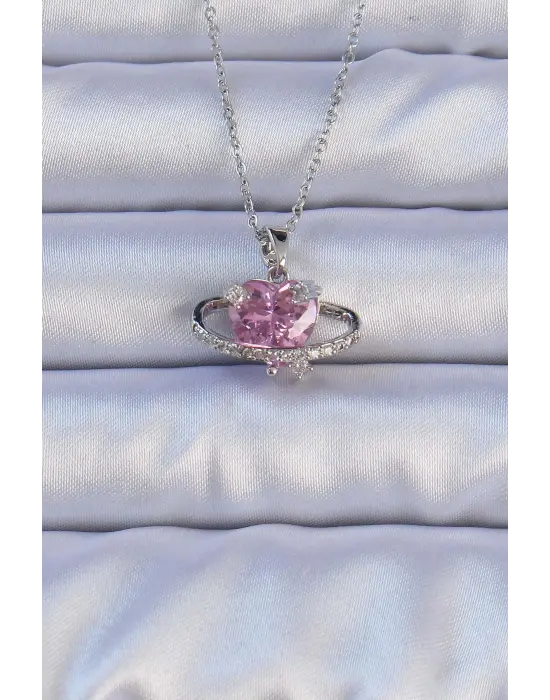  Gümüş  Pembe Zirkon Taşlı Kalp Figür Çelik Kolye