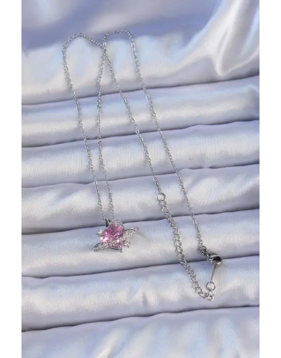  Gümüş  Pembe Zirkon Taşlı Kalp Figür Çelik Kolye