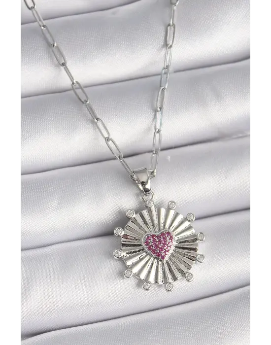 Gümüş  Pembe Zirkon Taşlı Kalp İşleme Madalyon Model  Çelik Kolye