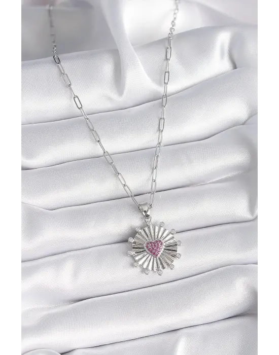  Gümüş  Pembe Zirkon Taşlı Kalp İşleme Madalyon Model  Çelik Kolye