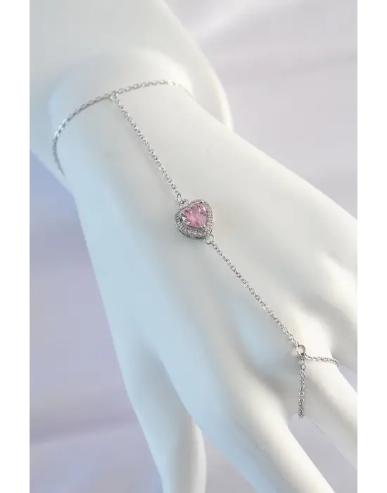 316L Çelik Gümüş Renk Pembe Zirkon Taşlı Kalp Model Şahmeran