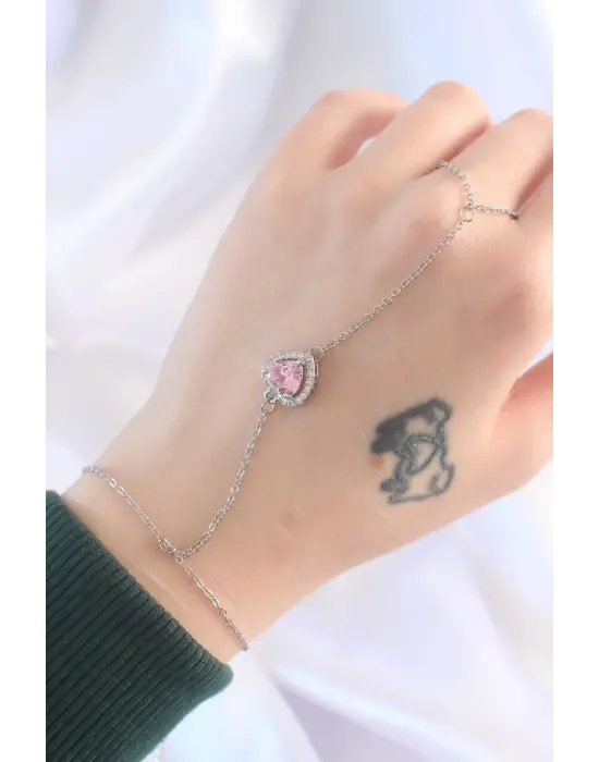 316L Çelik Gümüş Renk Pembe Zirkon Taşlı Kalp Model Şahmeran