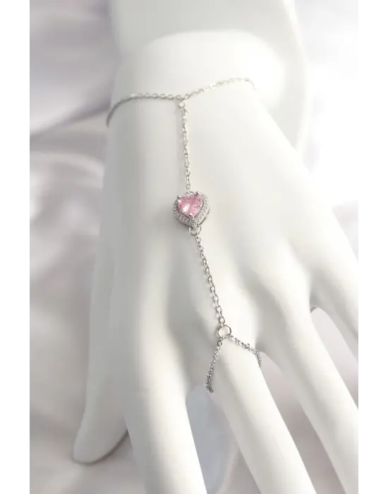 316L Çelik Gümüş Renk Pembe Zirkon Taşlı Kalp Şahmeran