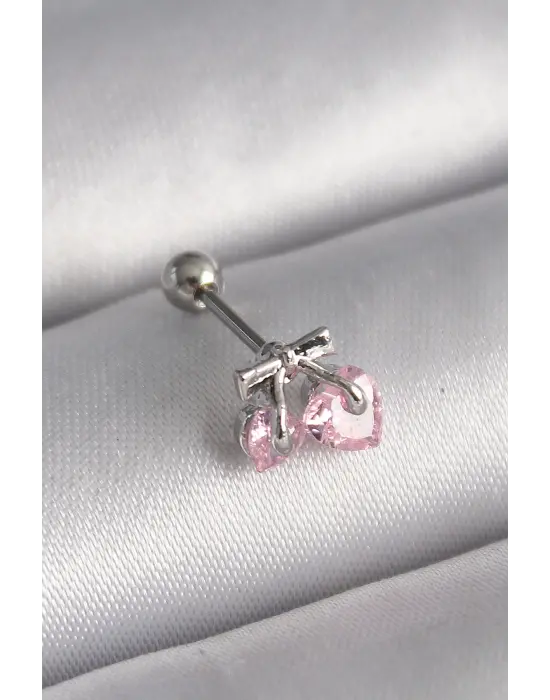 316L Çelik Gümüş Renk Pembe Zirkon Taşlı Kalp Tragus Piercing