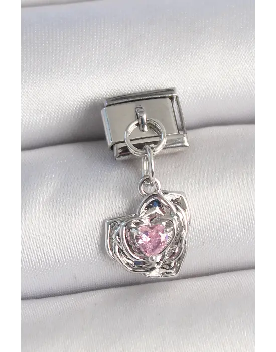 316L Çelik Gümüş Renk Pembe Zirkon Taşlı Kalpli Gül Model Nomination Charm