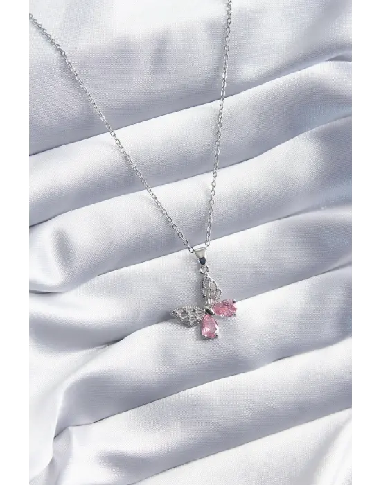 Gümüş  Pembe Zirkon Taşlı Kelebek Model  Çelik Kolye