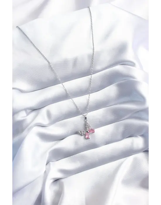  Gümüş  Pembe Zirkon Taşlı Kelebek Model  Çelik Kolye