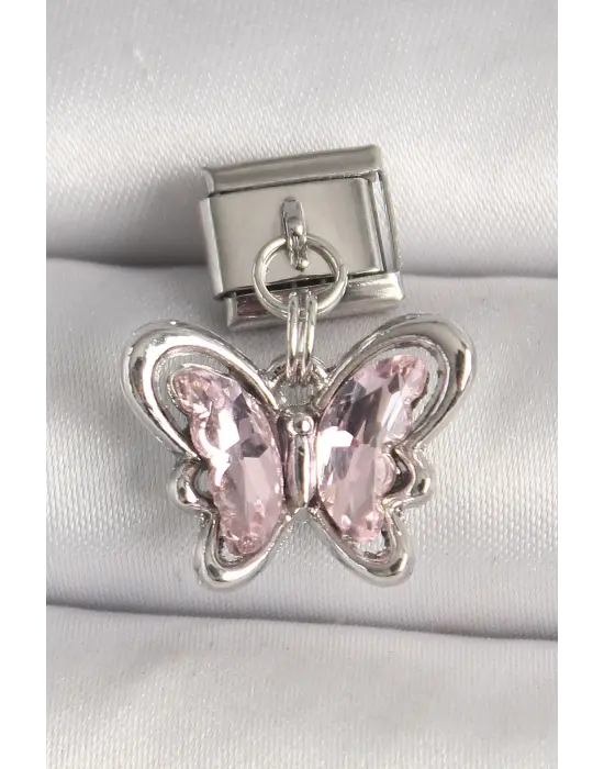 316L Çelik Gümüş Renk Pembe Zirkon Taşlı Kelebek Model Nomination Charm