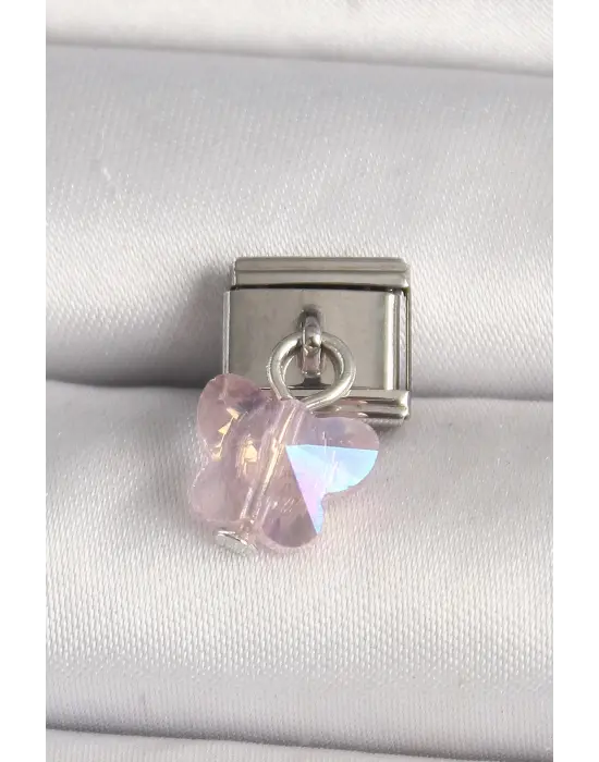 316L Çelik Gümüş Renk Pembe Zirkon Taşlı Kelebek Model Nomination Charm