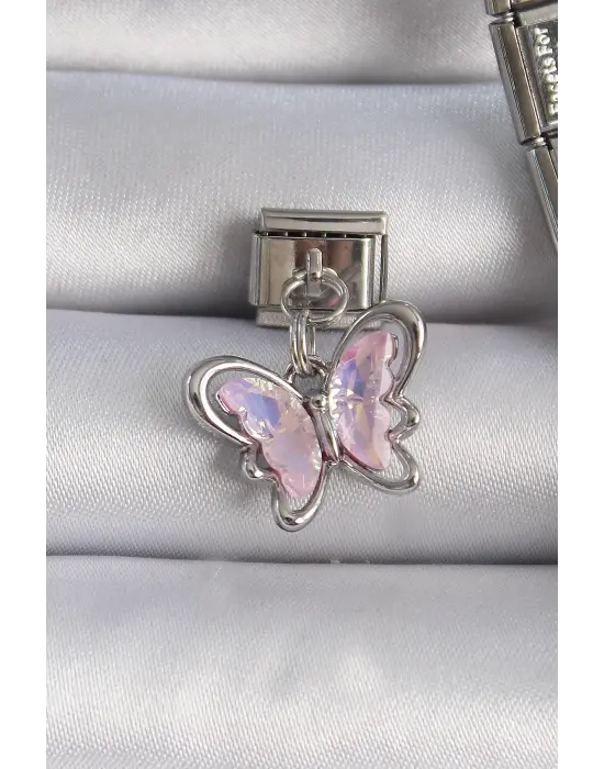 316L Çelik Gümüş Renk Pembe Zirkon Taşlı Sallantı Kelebek Figür Nomination Charm