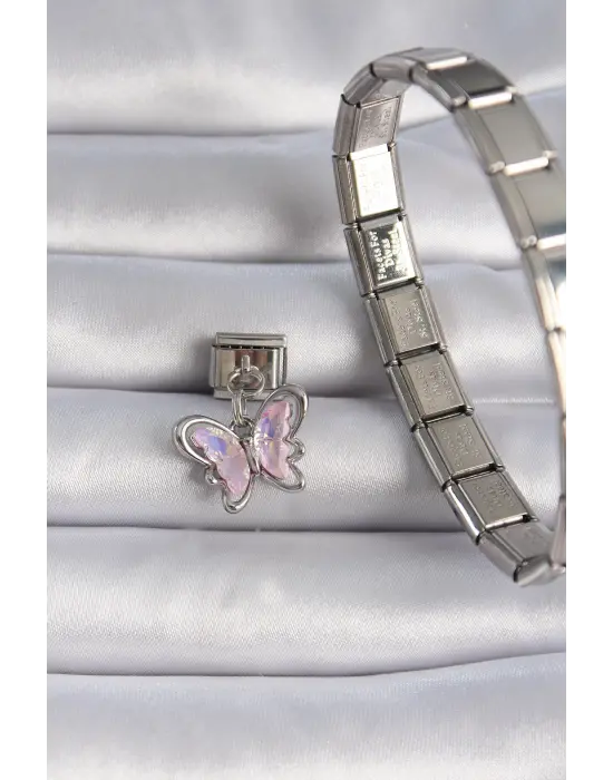 316L Çelik Gümüş Renk Pembe Zirkon Taşlı Sallantı Kelebek Figür Nomination Charm
