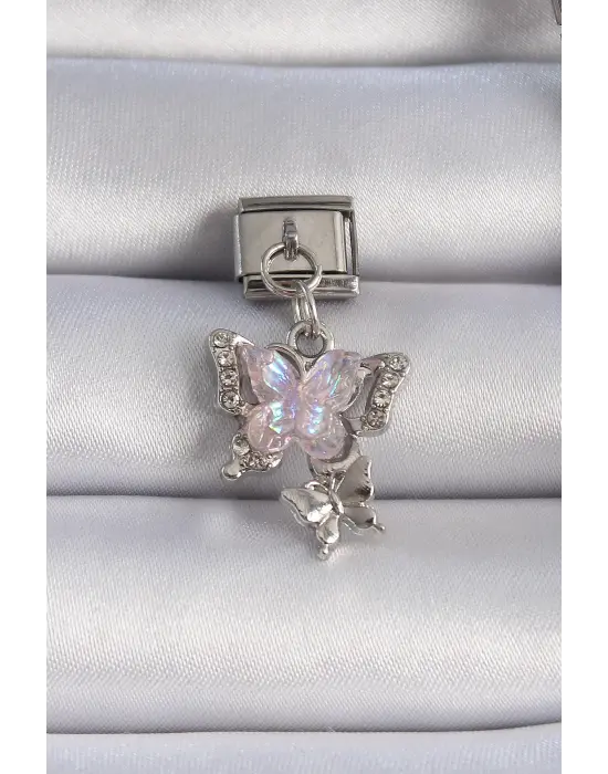316L Çelik Gümüş Renk Pembe Zirkon Taşlı Sallantılı Kelebek Model Nomination Charm
