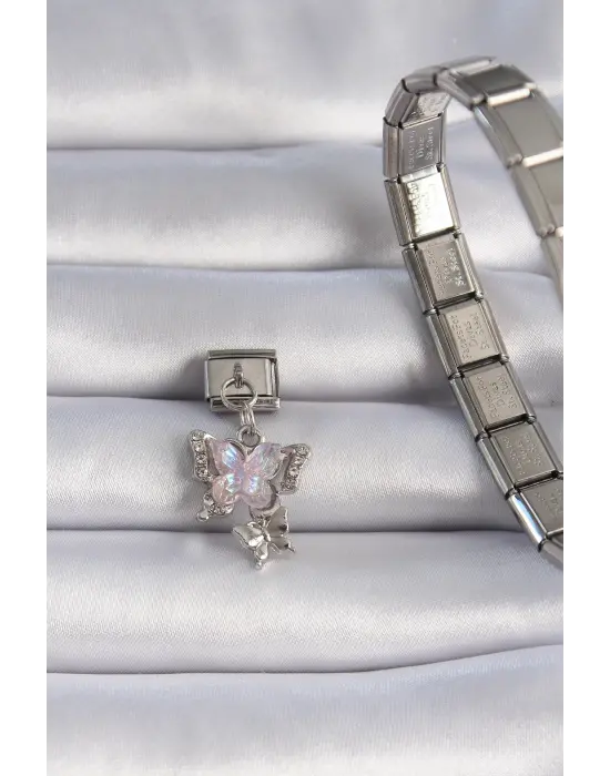 316L Çelik Gümüş Renk Pembe Zirkon Taşlı Sallantılı Kelebek Model Nomination Charm