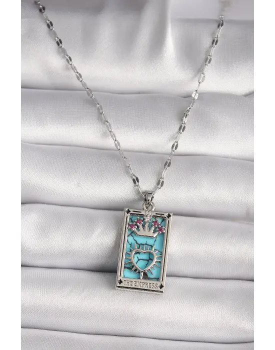  Gümüş  Pembe Zirkon Taşlı Taç Kalp Portre Model  Kole