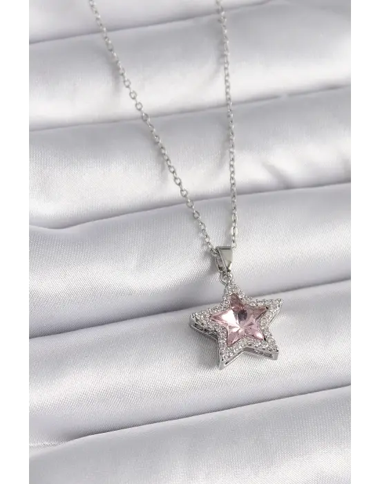  Gümüş  Pembe Zirkon Taşlı Yıldız Model  Koyle