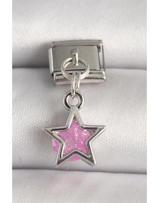 316L Çelik Gümüş Renk Pembe Zirkon Taşlı Yıldız Model Nomination Charm