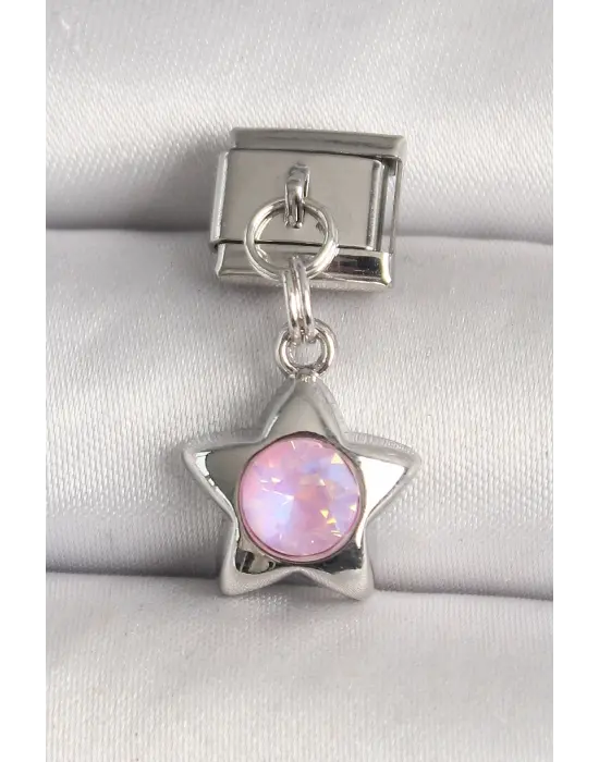 316L Çelik Gümüş Renk Pembe Zirkon Taşlı Yıldız Model Nomination Charm
