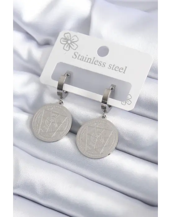   Gümüş Pentagram İşleme Model Çelik Küpe