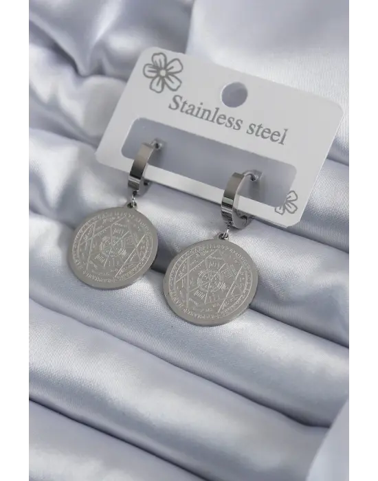   Gümüş Pentagram Yıldızı İşleme Çelik Küpe