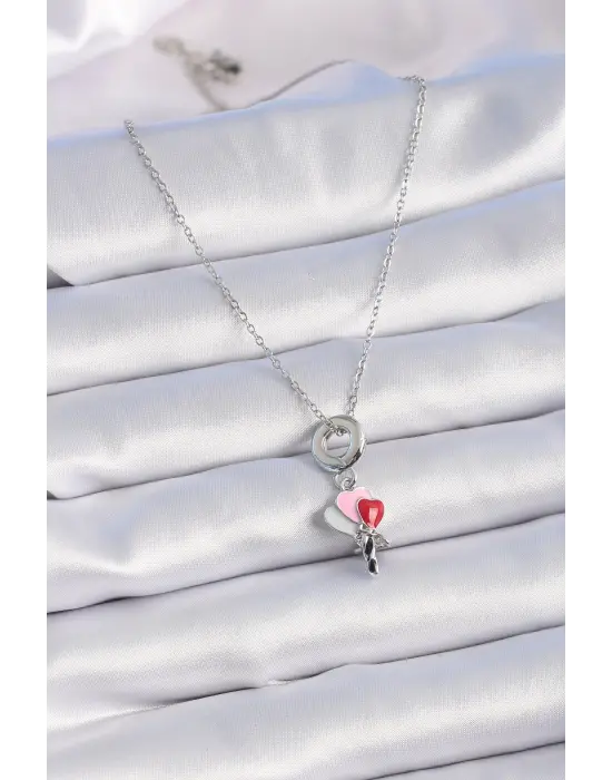  Gümüş  li Kalp Figür Charm Model  Çelik Kolye