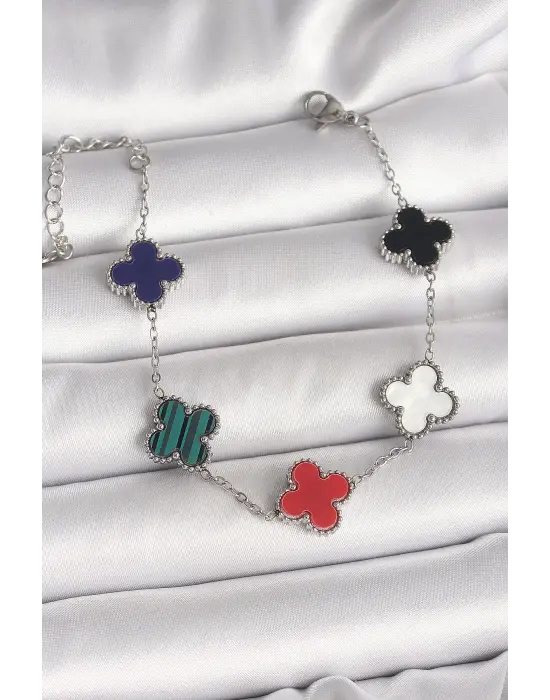 316L Çelik Gümüş Renk Renkli Yonca Model Kadın Bileklik