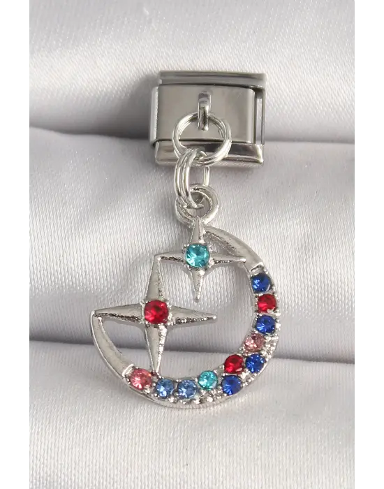 316L Çelik Gümüş Renk Renkli Zirkon Taşlı Yıldız Model Nomination Charm