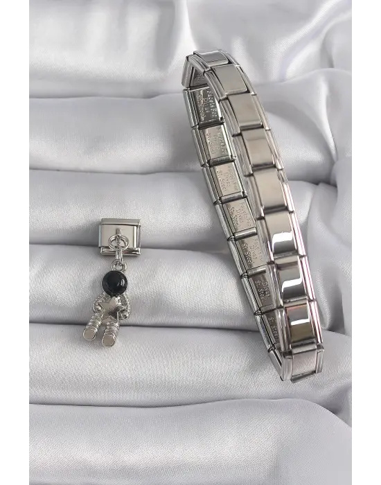 316L Çelik Gümüş Renk Sallantı Astronot Model Yıldız Detay Nomination Charm