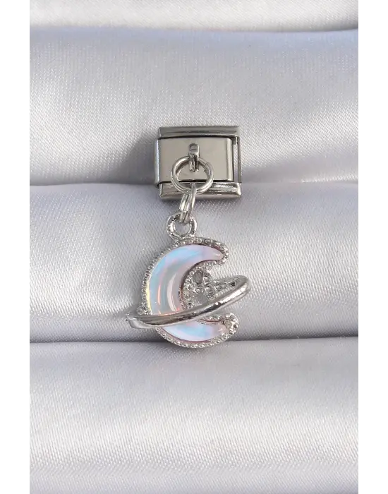 316L Çelik Gümüş Renk Sallantı Beyaz Mineli Hilal Figür Zirkon Taş Detay Nomination Charm