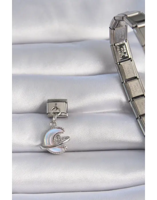 316L Çelik Gümüş Renk Sallantı Beyaz Mineli Hilal Figür Zirkon Taş Detay Nomination Charm