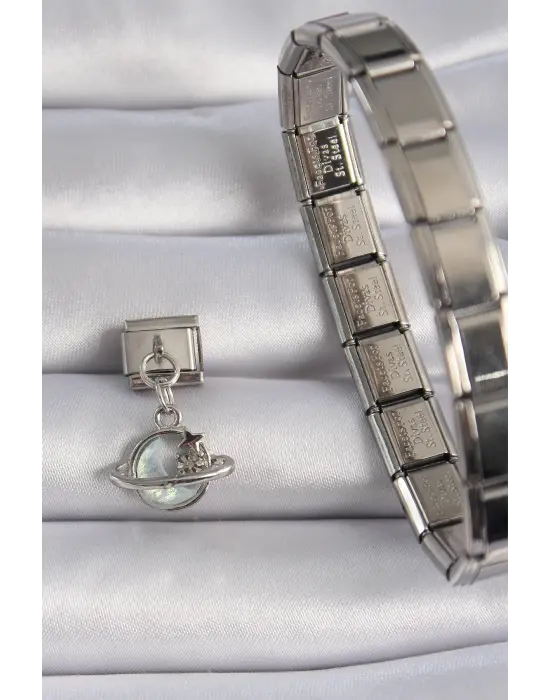 316L Çelik Gümüş Renk Sallantı Beyaz Mineli Hilal Yıldız Figür Zirkon Taşlı Nomination Charm