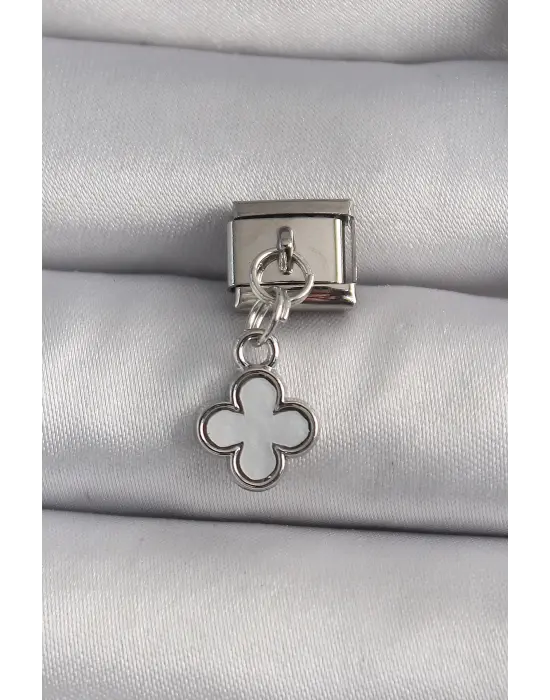 316L Çelik Gümüş Renk Sallantı Beyaz Yonca Model Nomination Charm