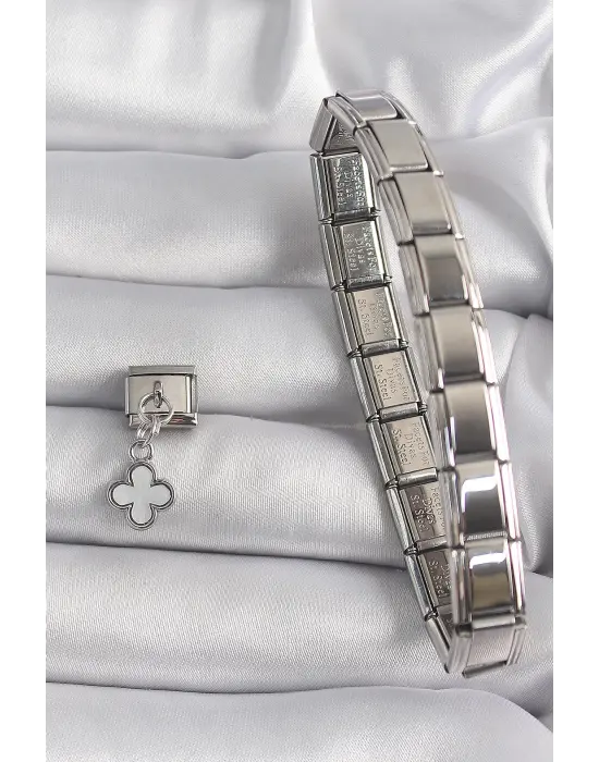 316L Çelik Gümüş Renk Sallantı Beyaz Yonca Model Nomination Charm