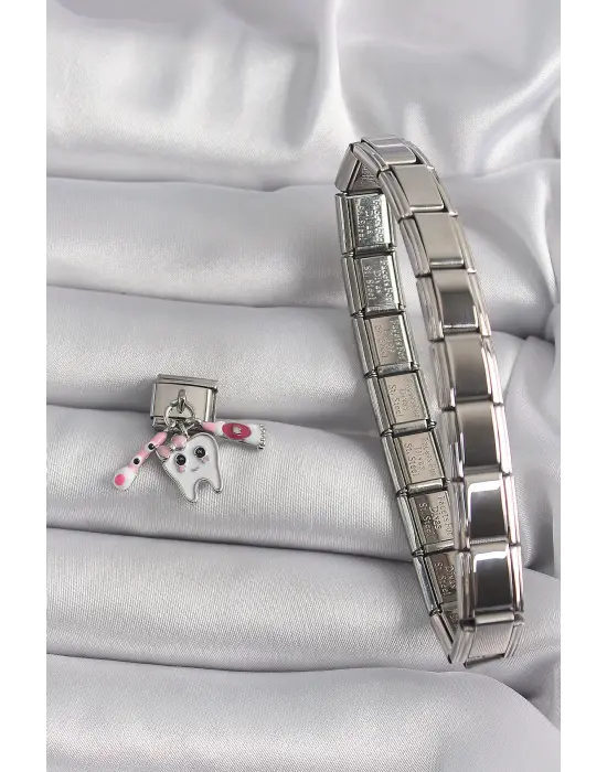 316L Çelik Gümüş Renk Sallantı Diş Model Nomination Charm