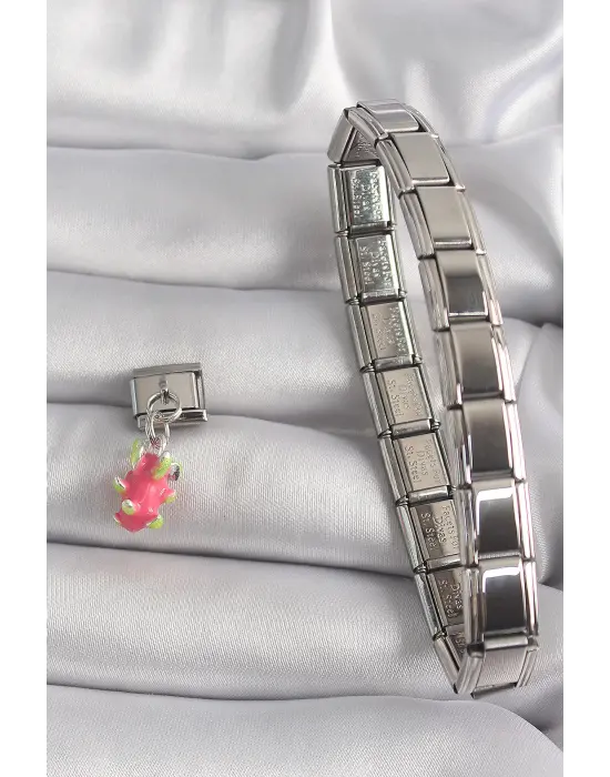 316L Çelik Gümüş Renk Sallantı Ejder Meyvesi Model Nomination Charm