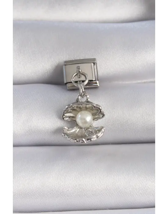 316L Çelik Gümüş Renk Sallantı İstiridye Model İnci Detay Nomination Charm