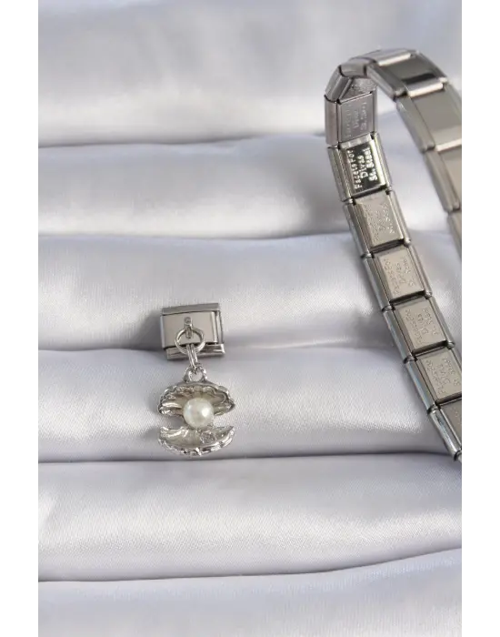 316L Çelik Gümüş Renk Sallantı İstiridye Model İnci Detay Nomination Charm