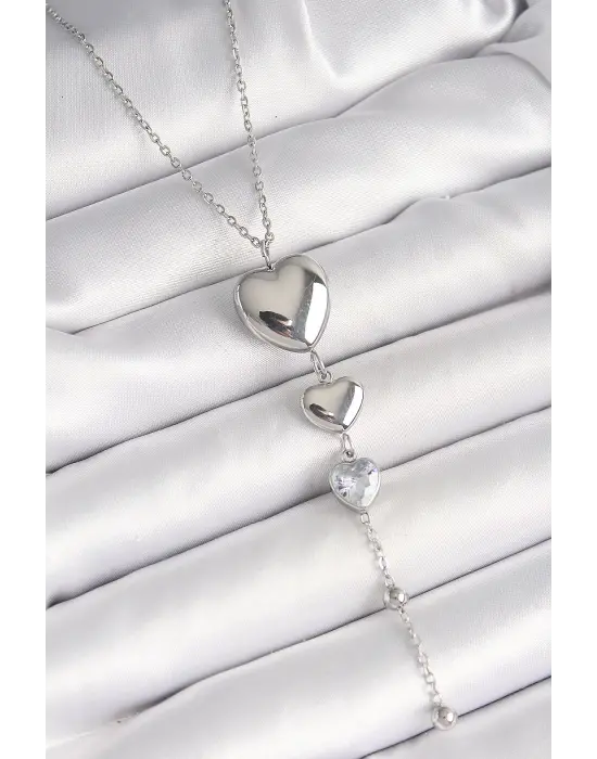 316L Çelik Gümüş Renk Sallantı Kalp Model Zirkon Taş Detay Kadın Kolye