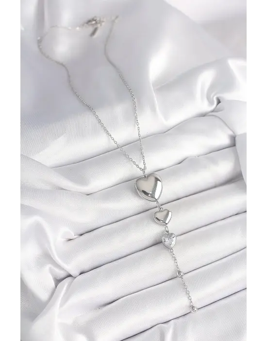 316L Çelik Gümüş Renk Sallantı Kalp Model Zirkon Taş Detay Kadın Kolye