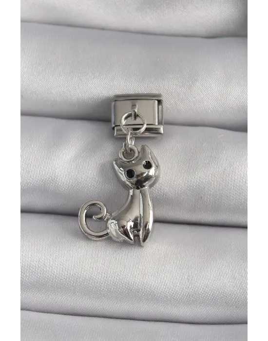 316L Çelik Gümüş Renk Sallantı Kedi Model Nomination Charm